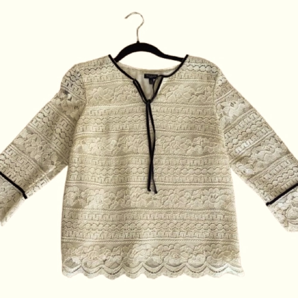 Talbots Ivory Lace Top with Black Velvet Trim
